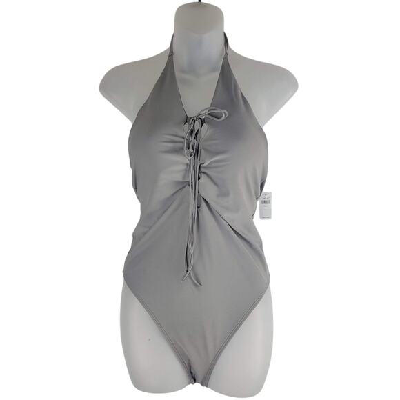 NEW Aerie One Piece Swimsuit Halter Neck Bra Gray Size L - Picture 1 of 6